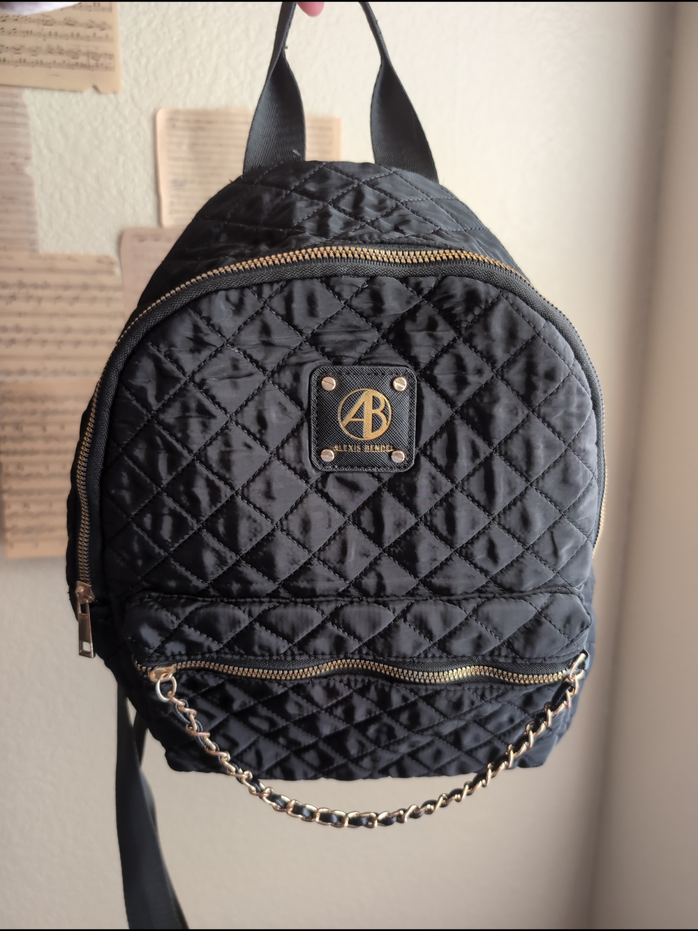 Alexis Bendel Quilted Black Mini Backpack with Gold Hardware
